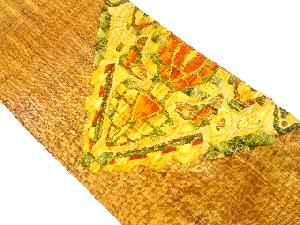 手織り真綿紬　幾何学に更紗模様織り出し名古屋帯